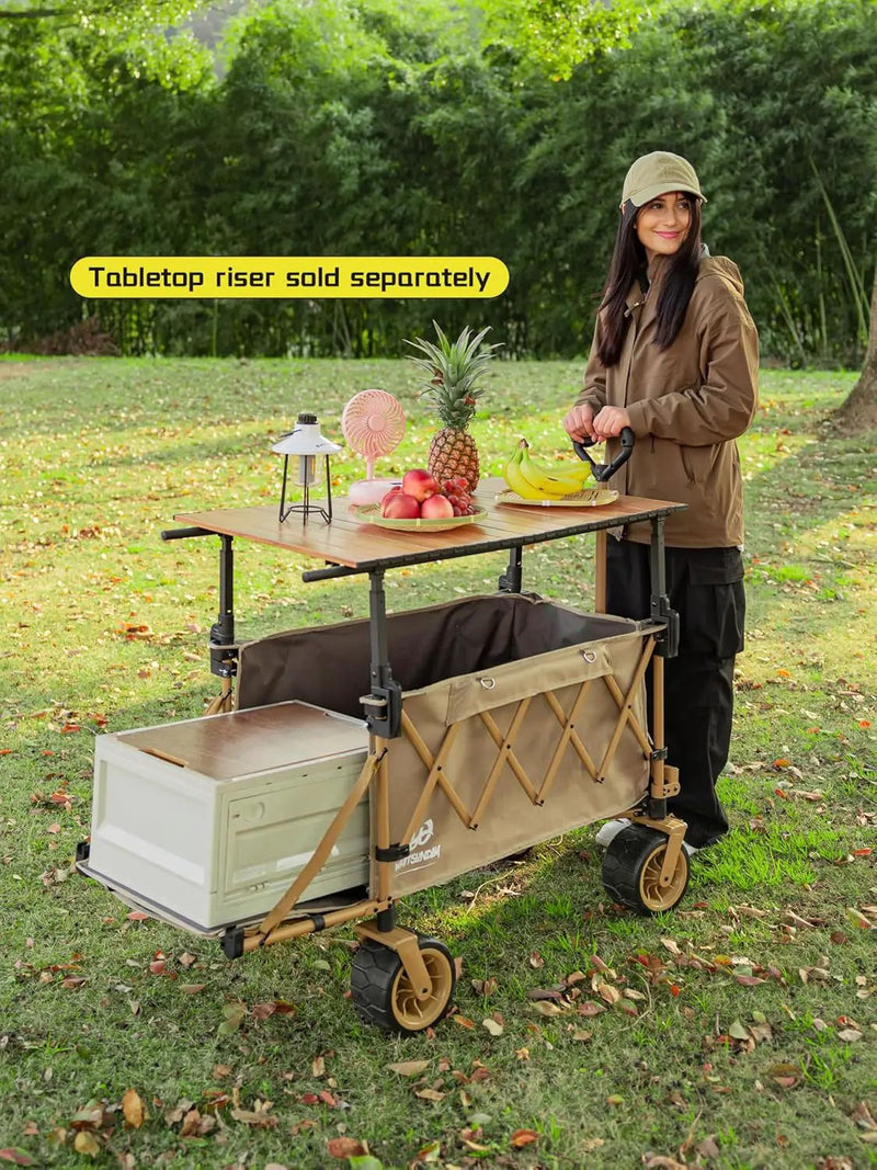 Whitsunday Collapsible Folding Wagon with Table,Heavy Duty Utility Beach Wagons with Opened Tailgate and All-Terrain Wheels for Camping,Garden,Sports Khaki by GreenHaven Gardens