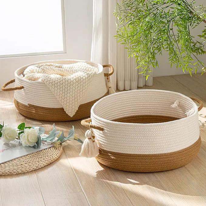 KAKAMAY Woven Baskets for Storage(16"x8"),Blanket Basket for Organizing Living Room,Cotton Rope Basket Woven Baby Laundry Hamper,Collapsible Laundry Room Organization,Clothes,Toy Chest(Brown) by GreenHaven Gardens