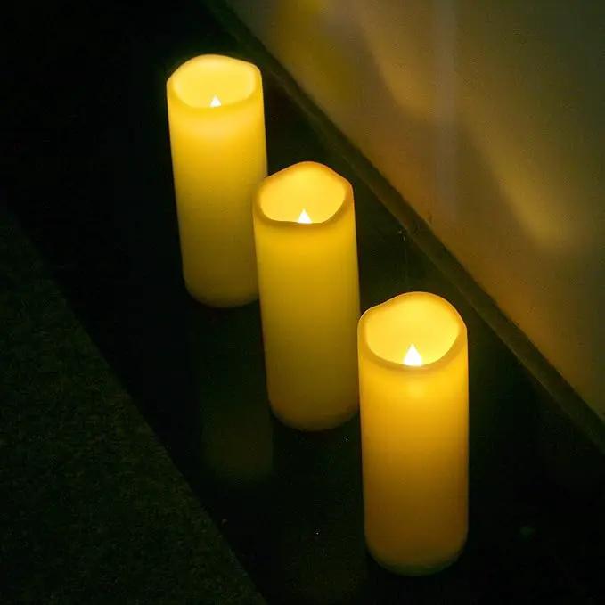 CANDLE CHOICE Waterproof Outdoor Battery Operated Flameless Candles Remote Timer White Tall Plastic Fake Realistic Flickering Electric LED Pillars for Lantern Wedding Christmas Decorations 3”x8” 3PCS by GreenHaven Gardens