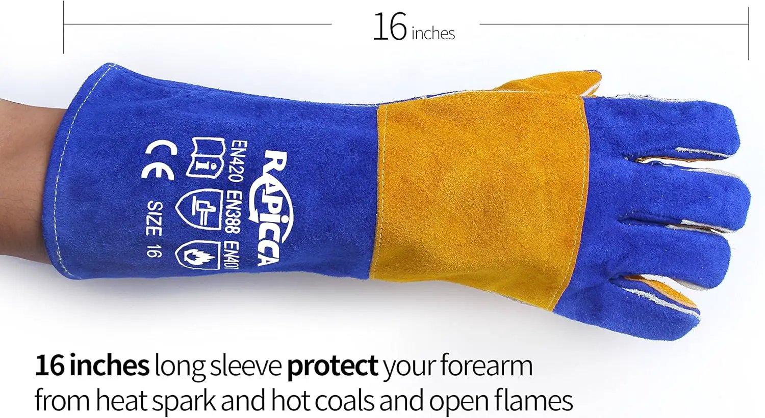 Welding Gloves Fire Heat Resistant: Blue 16IN 932℉ - Fireproof Leather For Stick Mig Flux-Core Welder Forge Blacksmith Fireplace Wood Stove Fire Pit Grill Oven Furnace Handling Dry Ice - Birthday Gift by GreenHaven Gardens