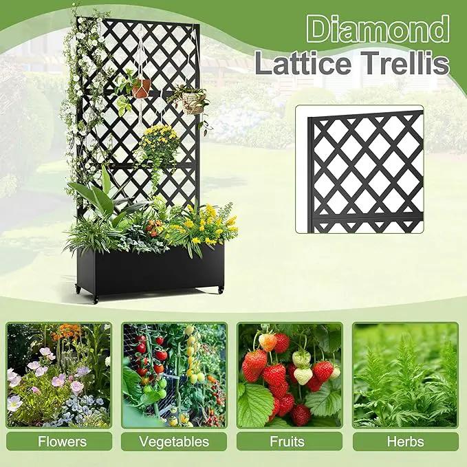 Metal Planter Trellis Box with Wheels & Drain Plug Outdoor Raised Garden Bed Patio Privacy Screen with Planter for Climbing Plants, Vegetables 73"x35"x16" Black-Diamond by GreenHaven Gardens
