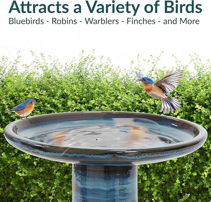 Sunnydaze 21" H Ceramic Bird Bath for Outside - Hand-Painted Outdoor Bird Bath Bowl, UV/Frost-Resistant Finish - Galaxy Blue - Classic Pedestal by GreenHaven Gardens