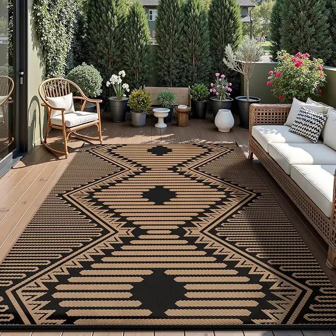 MontVoo Outdoor Rug 8x10 Waterproof Patio Rug-Outdoor Carpet Mat Reversible Plastic Straw Outside Outdoor Rug for RV Camping Picnic Balcony Backyard Pool Deck Porch Modern Boho Black Brown by GreenHaven Gardens
