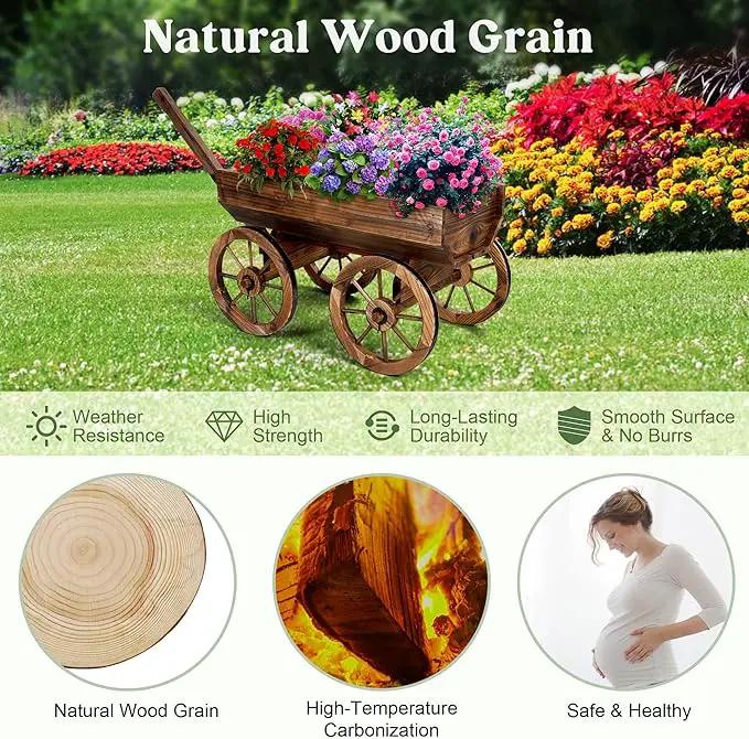 Wood Wagon Planter for Outdoor Balcony Decor - Garden Rustic Wooden Flower Cart with Wheels for Outside Garden Decor Wheelbarrow Planter for Patio by GreenHaven Gardens