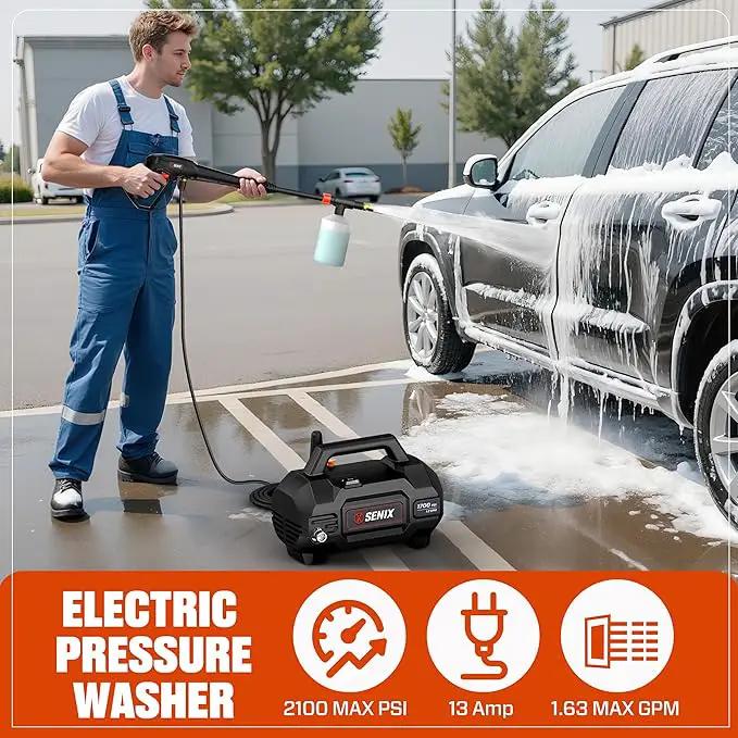 SENIX 13 Amp Electric Pressure Washer - 2100 PSI MAX, 1.2 GPM, Compact with Foam Cannon, Spray Gun, 20-ft Hose, Turbo Nozzle, and 15° Spray Nozzles - Perfect for Cars and Driveways by GreenHaven Gardens