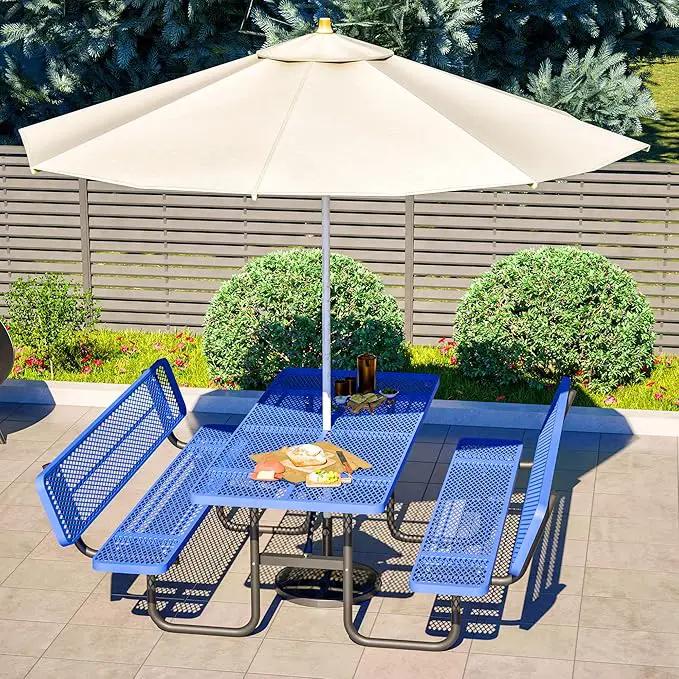 79'' Steel Rectangular Picnic Table for Outdoors, with backrest, Expanded, Lifetime Picnic Table with Umbrella Hole, Heavy Duty Sturdy Commercial Picnic Tables for Garden Courtyard BBQ, Blue by GreenHaven Gardens