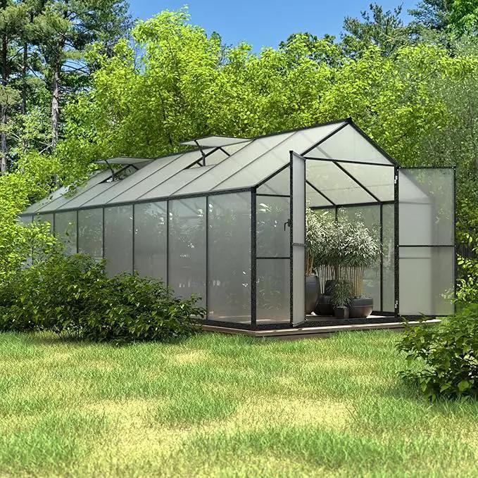 8x16 FT Polycarbonate Aluminum Greenhouse Kit, Outdoor Walk-in Green House with Adjustable Roof Vents and Lockable Door, Backyard Garden in Winter, Gray by GreenHaven Gardens