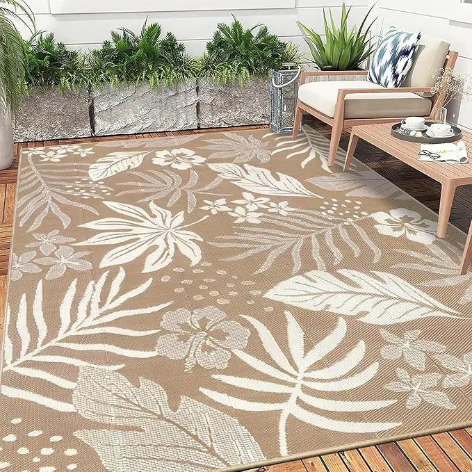 Pauwer Waterproof Outdoor Rug 9x12, Reversible Plastic Straw Patio Camping Rug, Indoor Outdoor RV Mat Carpet for Deck, Camper, Porch, Balcony, Backyard, Picnic, Floral Brown by GreenHaven Gardens