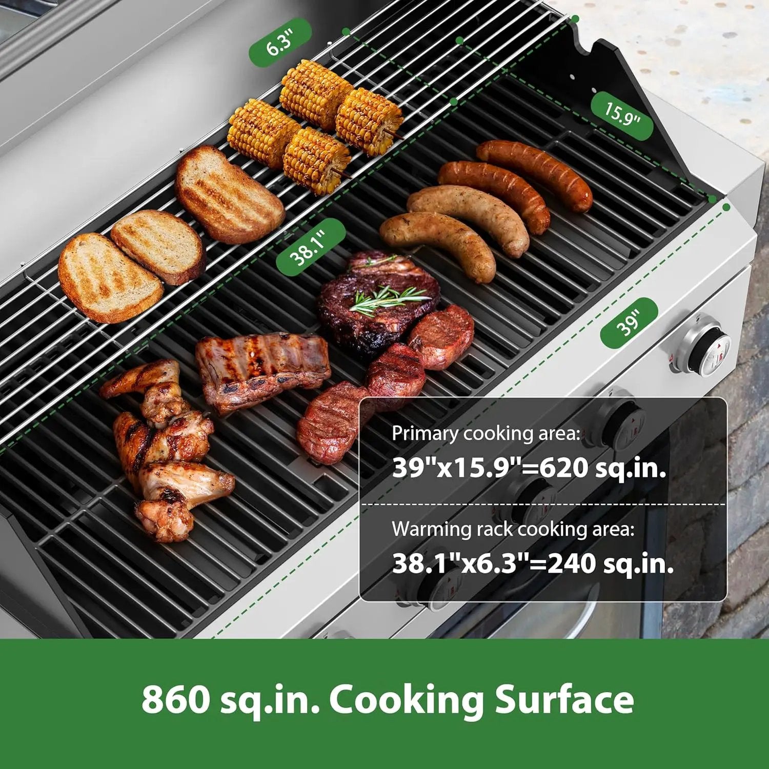 Brand-Man Propane Gas Grill, 40-Inch 6-Burner Built-In Head BBQ Island Outdoor Kitchen, Natural Gas Convertible, Heavy Duty 304 Stainless Steel, 60,000BTUs by GreenHaven Gardens