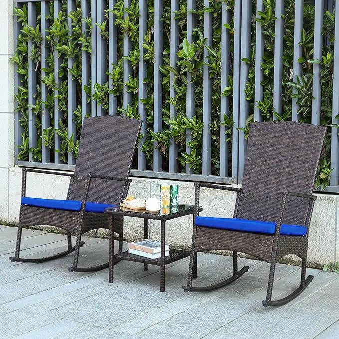 Outdoor Rocking Chairs Set - 3 High-Backed Patio Rockers with Bistro Table & Anti-Slip Cushions, Dark Blue by GreenHaven Gardens