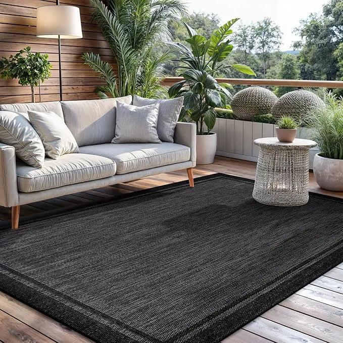 CAMILSON Indoor Outdoor Rug, 5x7 Bordered Dark Grey Black Modern Area Rugs for Indoor and Outdoor Patios, Kitchen and Hallway Mats, Washable Porch Deck Outside Carpet (Bordered Black, 5 x 7) by GreenHaven Gardens