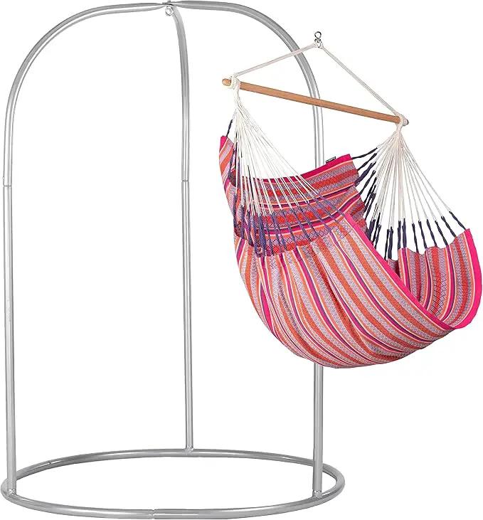 LA SIESTA® - Large Comfort Habana Cotton Hammock Chair & Romano Steel Stand - Hanging Hammock Chair w/Stand - Indoor Outdoor Hammock Chair Swing Bedroom Porch Balcony - Boho Hanging Chair - Flamingo by GreenHaven Gardens