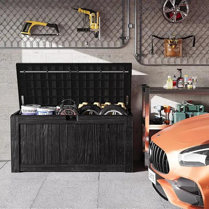 Greesum 120 Gallon Outdoor Storage Box with Lock - Large Resin Deck Box, Reinforced Lid for Garden, Patio, Lawn, Black by GreenHaven Gardens