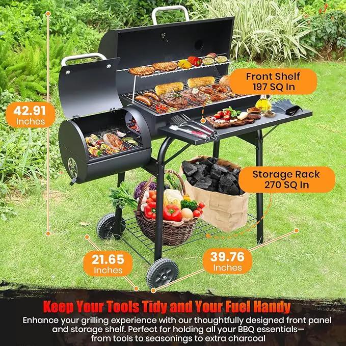 Charcoal Grill Offset Smoker: Charcoal Barbecue Grills with Spacious Cooking Area | Barrel BBQ Grill and Smokers Combo for Outdoor Patio Backyard Camping and Parties by GreenHaven Gardens