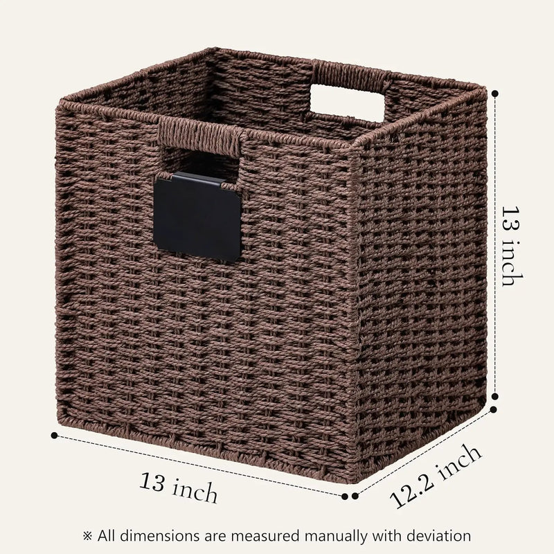 UBBCARE 4 Pack Wicker Basket, 13×13 Storage Cubes with Label, Foldable Cube Storage Bin with Handle, Square Storage Basket for Shelves, Woven Paper Rope Basket for Organizing, Brown by GreenHaven Gardens