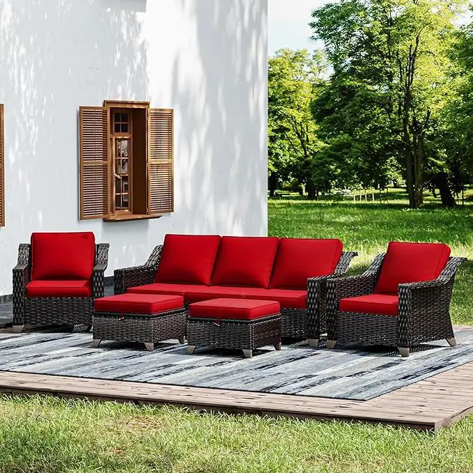 Joyside Wicker Patio Furniture Sets, 5 Pieces Upgraded Large Size Outdoor Furniture with Patio Dining Chairs, 3-Seat Sofa and Outdoor Ottoman, Thick Cushions, Wide Armrest by GreenHaven Gardens