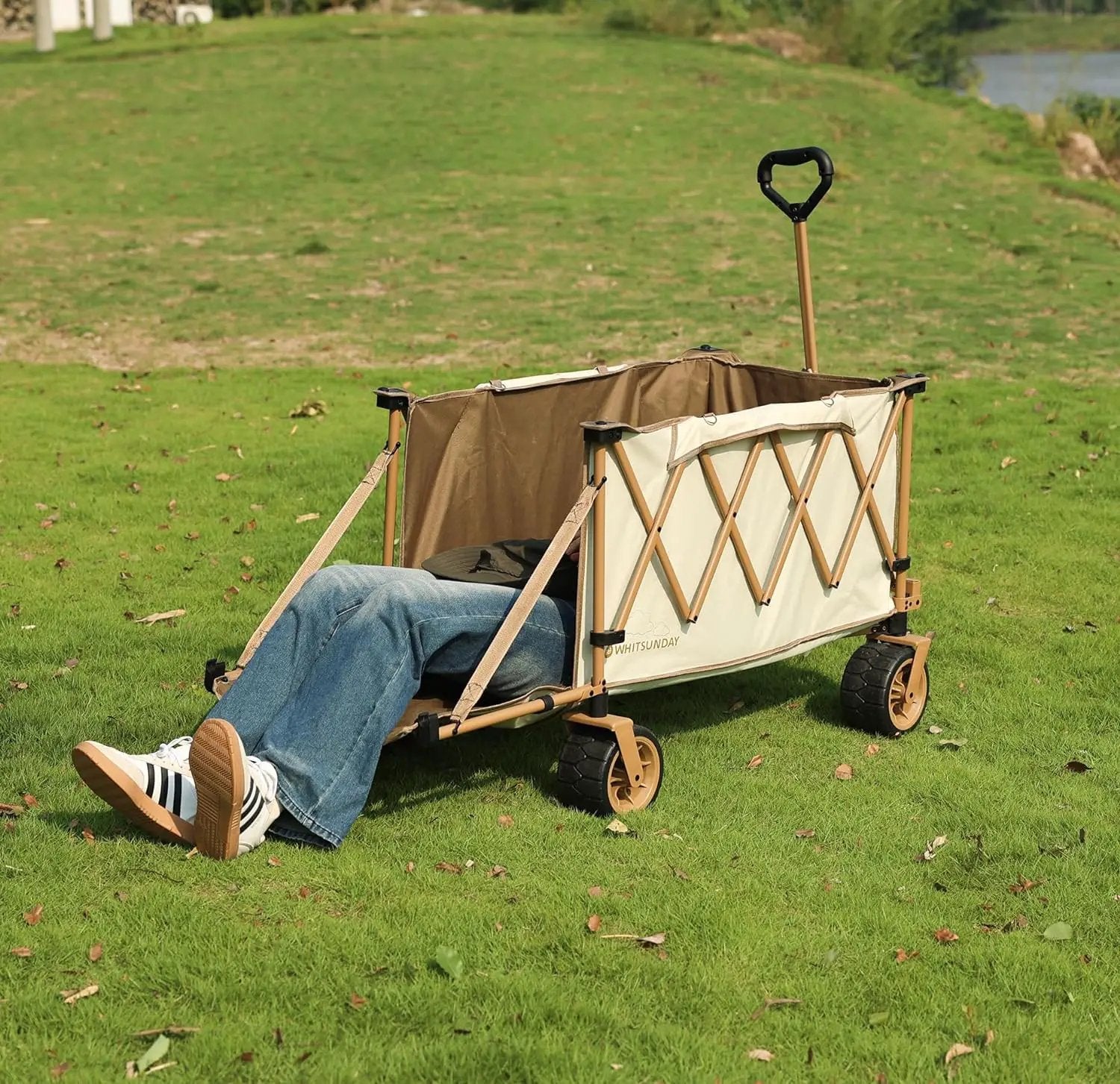 Whitsunday Collapsible Folding Wagon with Table,Heavy Duty Utility Beach Wagons with Opened Tailgate and All-Terrain Wheels for Camping,Garden,Sports Beige by GreenHaven Gardens