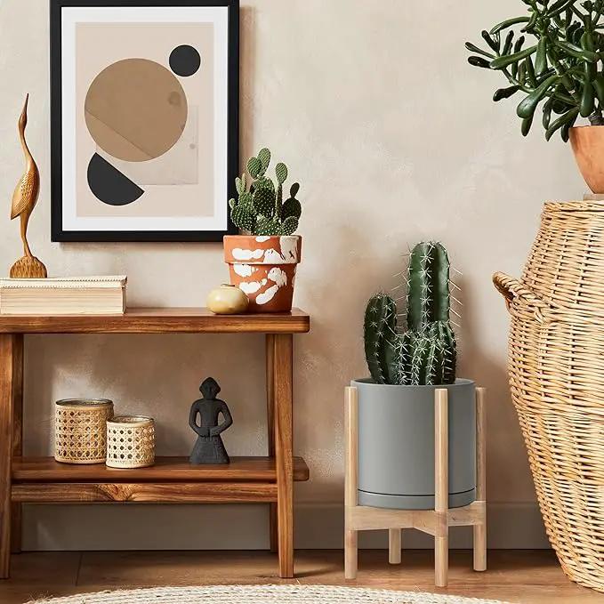 D'vine Dev Ceramic Planter with Natural Stand - 10 Inch Modern Round Flower Pot with Wood Planter Holder, Grey, 55-B-K-3 by GreenHaven Gardens