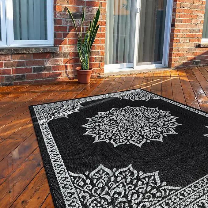 CAMILSON Outdoor Rug, 8x10 Medallion Black White Modern Area Rugs for Indoor and Outdoor Patios, Kitchen and Hallway Mats, Washable Porch Deck Outside Carpet (Medallion Black, 8 x 10) by GreenHaven Gardens
