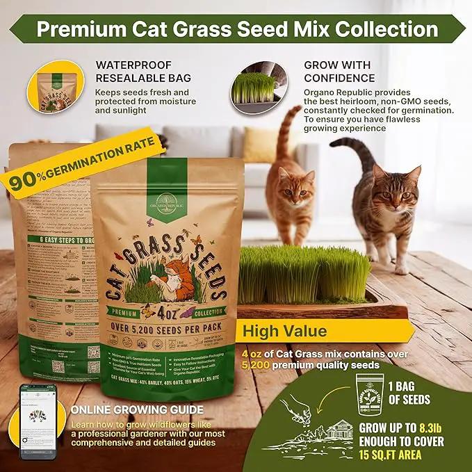Cat Grass Seeds Mix - 5,200 Non-GMO Heirloom Seeds for Cats & Pets, 4 oz Pack for Growing Fresh Barley, Oat, Rye & Wheat Grass Seeds for Planting, Indoor Plants for Pets, Hairball Remedy for Cats by GreenHaven Gardens