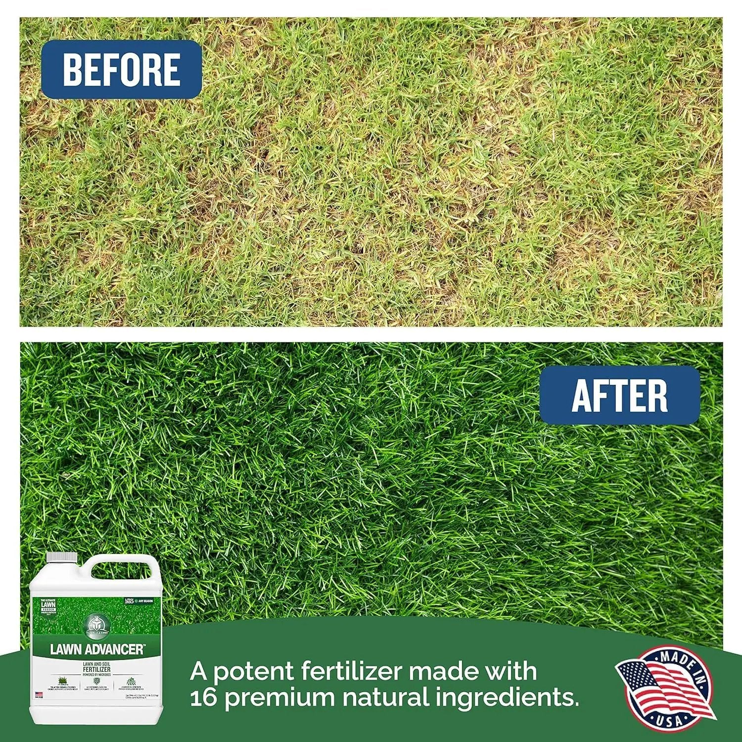 Turf Titan Lawn Advancer – Green Lawn Booster and Lawn Fertilizer (1 Gallon) – Fast Acting Grass Fertilizer w/Tri-Action Formula – Fertilizer Concentrate for Grass Growth - Covers up to 32,000 Sq Ft by GreenHaven Gardens