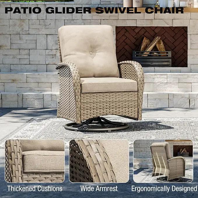 Joyside Outdoor Swivel Rocker Chairs, 3 Piece Wicker Patio Set with Thick Cushion and Side Table, Rattan Patio Swivel Rocking Chairs for Porch, Deck Use (Natural/Beige, 3 PCS) by GreenHaven Gardens
