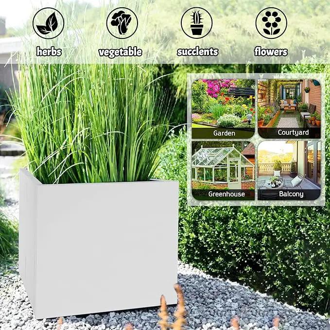 Galvanized Steel Rectangular Planter, 16"x 12"x 12" Small Planters for Outdoor Plants, White Outdoor Planter with Drainage Holes by GreenHaven Gardens