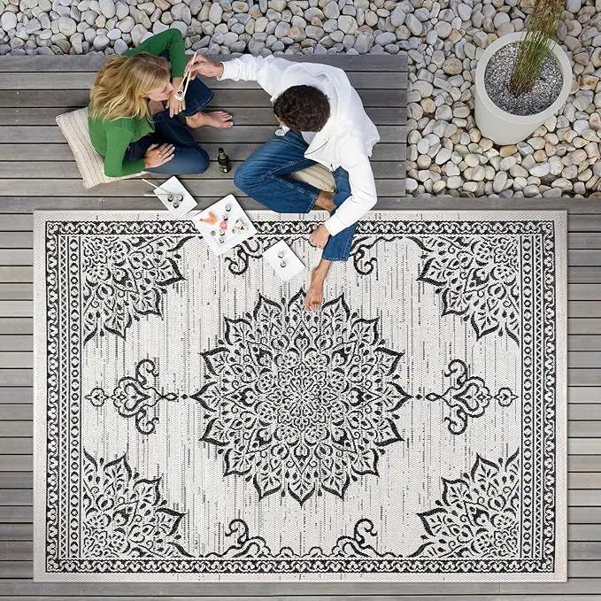 CAMILSON Outdoor Rug, 5x7 Medallion White Black Modern Area Rugs for Indoor and Outdoor Patios, Kitchen and Hallway Mats, Washable Porch Deck Outside Carpet (Medallion White, 5 x 7) by GreenHaven Gardens