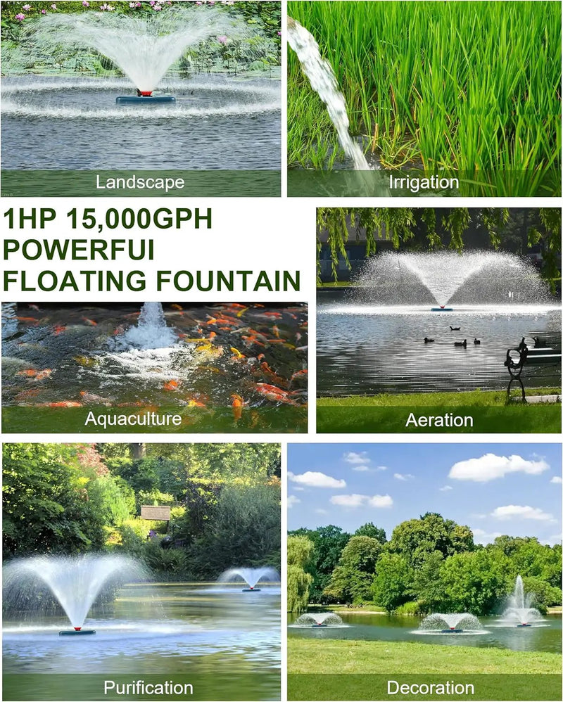 Pond Fountain Aerator 1HP, AS2 750W 15000GPH 110V/120V High Flow Floating Water Fountain Pump With 100ft Power Cord, Stainless Steel Body Aerating Fountains Cascade for Large Small Pond/Lake by GreenHaven Gardens