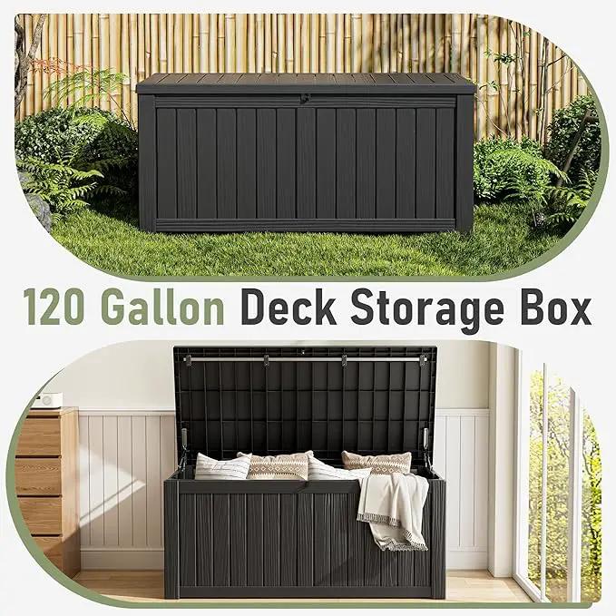 NUNU LAB Outdoor Storage Box,120 Gallon Deck Box,Resin Waterproof Outside Storage Bench,Outdoor Storage Cabinet With Lockable Lid,Backyard Deck Box For Garden Tools,Patio Cushions,Pool Accessories by GreenHaven Gardens