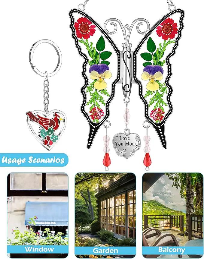 KY&BOSAM Butterfly Suncatcher I Love You Mom Gifts for Mom Pressed Flower Between Wings Glass for Windows Metal Engraved Charm as Gifts for Mother's Day Valentine's Birthday Thanksgiving Christmas by GreenHaven Gardens