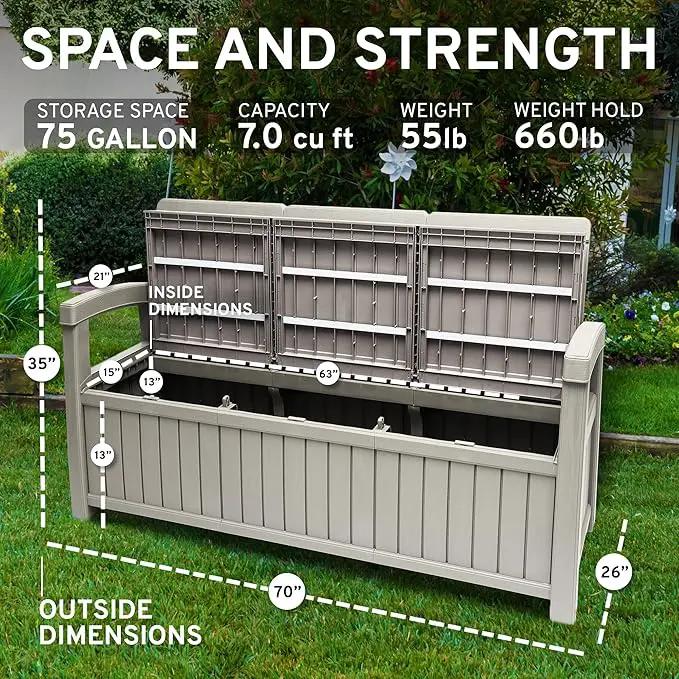 EconoHome 3 Seat Outdoor Storage Bench with Rain Cover - 90 Gallon Capacity - Weatherproof Resin Bench for Patio, Porch, Garden, Yard, Pool Area - Furniture for Pool Accessories, Gardening Tools by GreenHaven Gardens