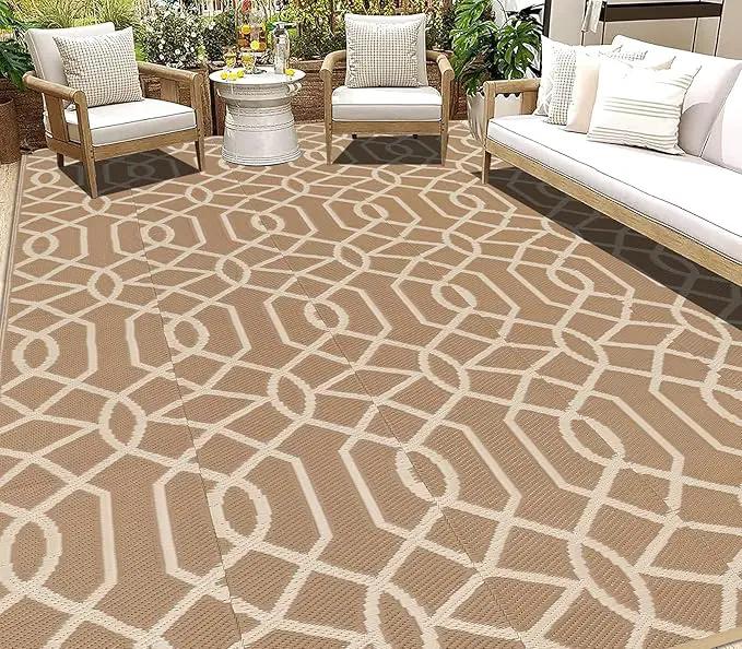 HEBE Outdoor Rug Waterproof 9x12, Reversible Plastic Straw Rug RV Camping Rug, Indoor Outdoor Patio Mat Clearance, Outside Carpet for Porch,Deck,Camper,Balcony,Backyard,Picnic by GreenHaven Gardens