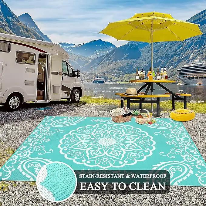 Pauwer Waterproof Outdoor Rug 8x10, Reversible Plastic Straw Patio Camping Rug, Indoor Outdoor RV Mat Carpet for Deck, Camper, Porch, Balcony, Backyard, Picnic, Boho Light Blue by GreenHaven Gardens