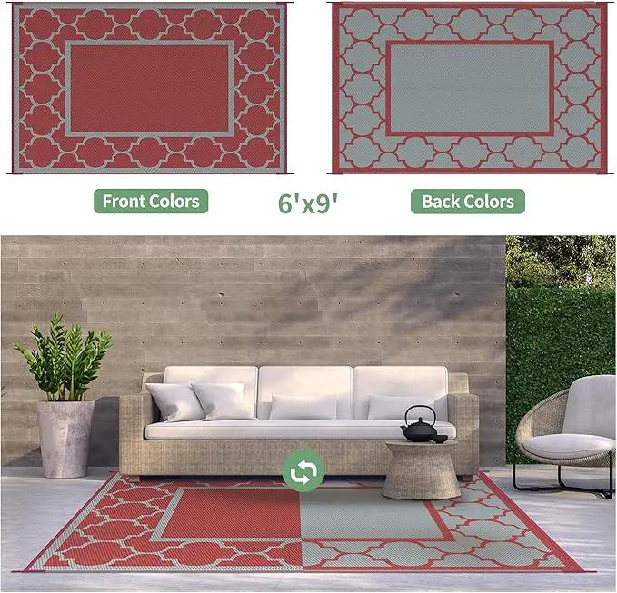 GENIMO 6' x 9' Outdoor Rug Waterproof for Patio Decor, Foldable Reversible Plastic Straw Area Rugs Mat for Camper, Outside Carpet for Rv, Deck, Porch, Picnic, Beach, Balcony, Red & Grey by GreenHaven Gardens
