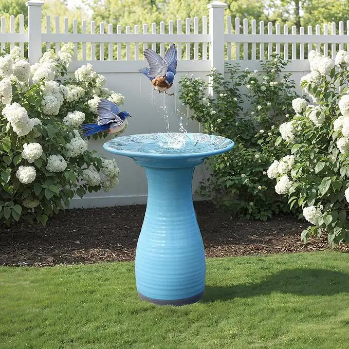 LuxenHome 20 Inch Ceramic Bird Bath for Outside, Elegant Tall Outdoor Bird Bath, Lightweight Pedestal Glazed Birdbaths for Outdoors with Leaf Pattern, Sky Blue by GreenHaven Gardens