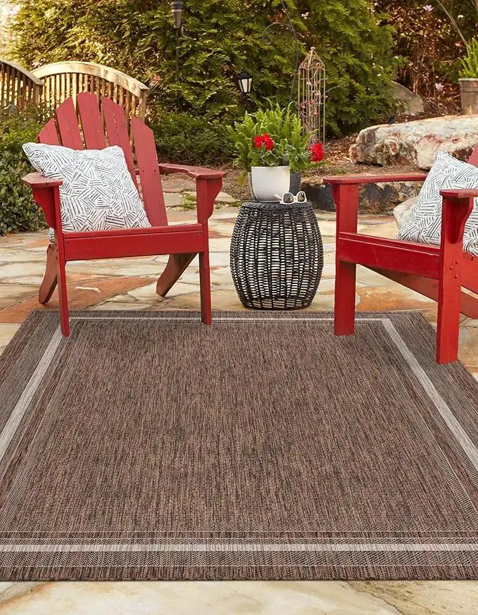 Unique Loom Outdoor Border Collection Area Rug - Soft Border (2' x 3' 1" Rectangle, Brown/ Ivory) by GreenHaven Gardens