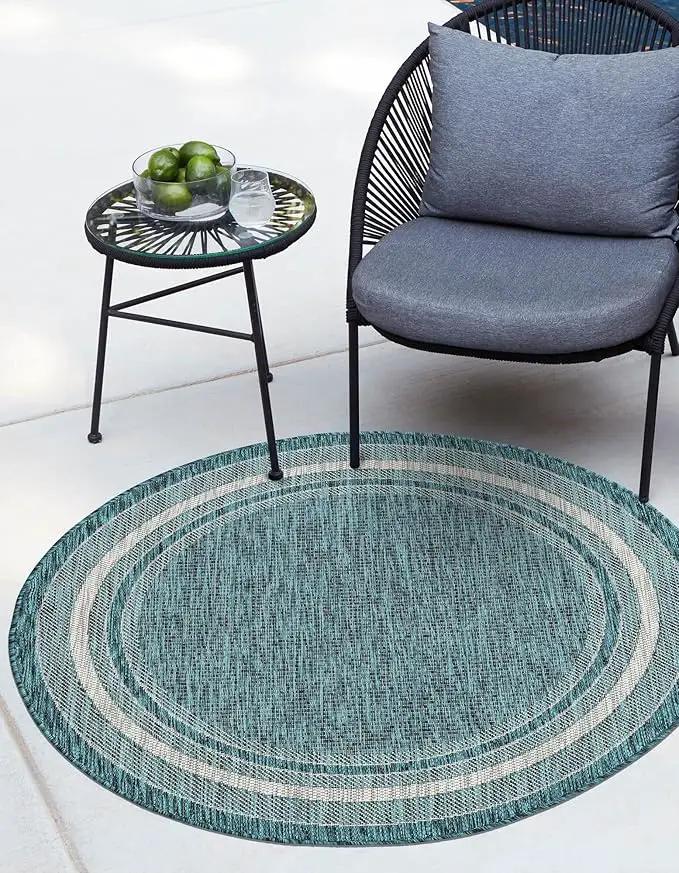 Unique Loom Outdoor Border Collection Area Rug - Soft Border (4' Round Teal/Ivory) by GreenHaven Gardens