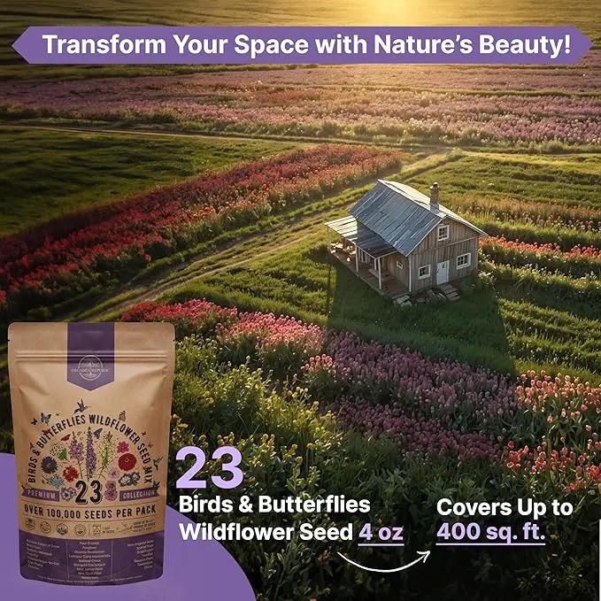 Organo Republic 23 Wildflower Seeds Annual & Perennial Mix for Indoor & Outdoors, Attract Birds & Butterflies 100,000+ Non-GMO, Heirloom Garden Seeds, 4oz Packet for Growing Wild Flowers by GreenHaven Gardens
