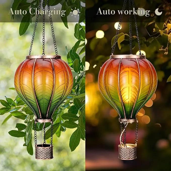 TERESA'S COLLECTIONS 2 Pack Hanging Solar Lantern Outdoor Garden Decor for Valentine ,Waterproof Plastic Hot Air Balloon Orange Flickering Flame Effect Lantern for Yard Tree,Gift for Mom,18" by GreenHaven Gardens