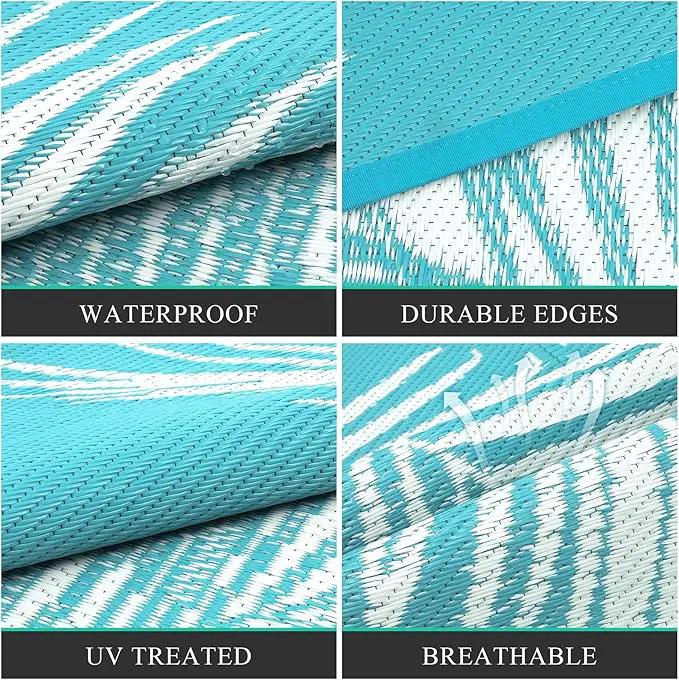 Pauwer Waterproof Outdoor Rug 9x12, Reversible Plastic Straw Patio Camping Rug, Indoor Outdoor RV Mat Carpet for Deck, Camper, Porch, Balcony, Backyard, Picnic, Leaf Teal by GreenHaven Gardens