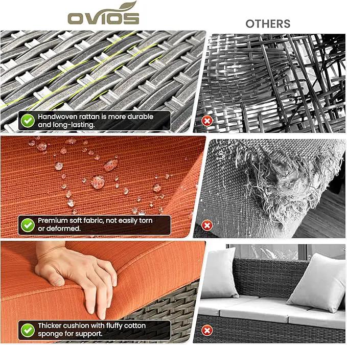 ovios 5 Pieces Patio Furniture Set with 30" Fire Pit Table, Outdoor Wicker Sofa with Loveseat, Comfy Cushions, High Back Couch Conversation Set, Brown Rattan, Orange Red by GreenHaven Gardens
