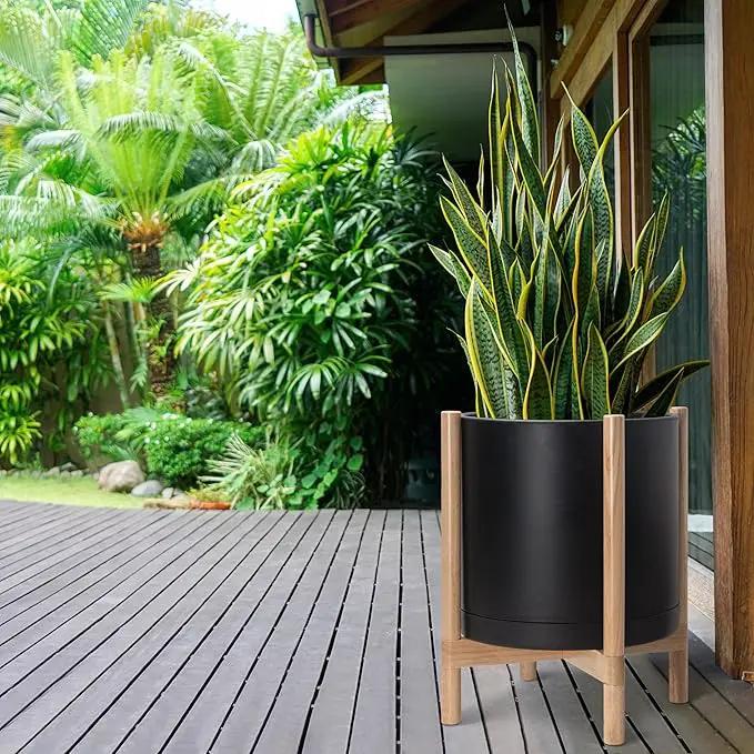 D'vine Dev Planter Pot with Stand - 16 Inch Plastic Cylinder Flower Pot with Wood Planter Holder for Indoor, Matte Black Pot + Natural Stand, 55-C-Y-2 by GreenHaven Gardens