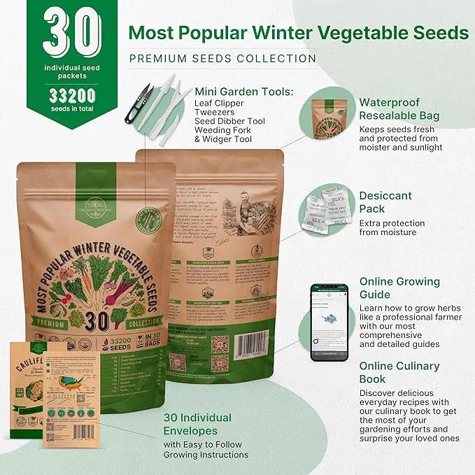 Organo Republic 30 Most Popular Winter Vegetable Garden Seeds Variety Pack- Outdoors/Indoor 33,200+ Non-GMO Heirloom Veggie Seeds Broccoli Beet Carrot Cabbage Chives Lettuce Radish Pea Spinach & More by GreenHaven Gardens