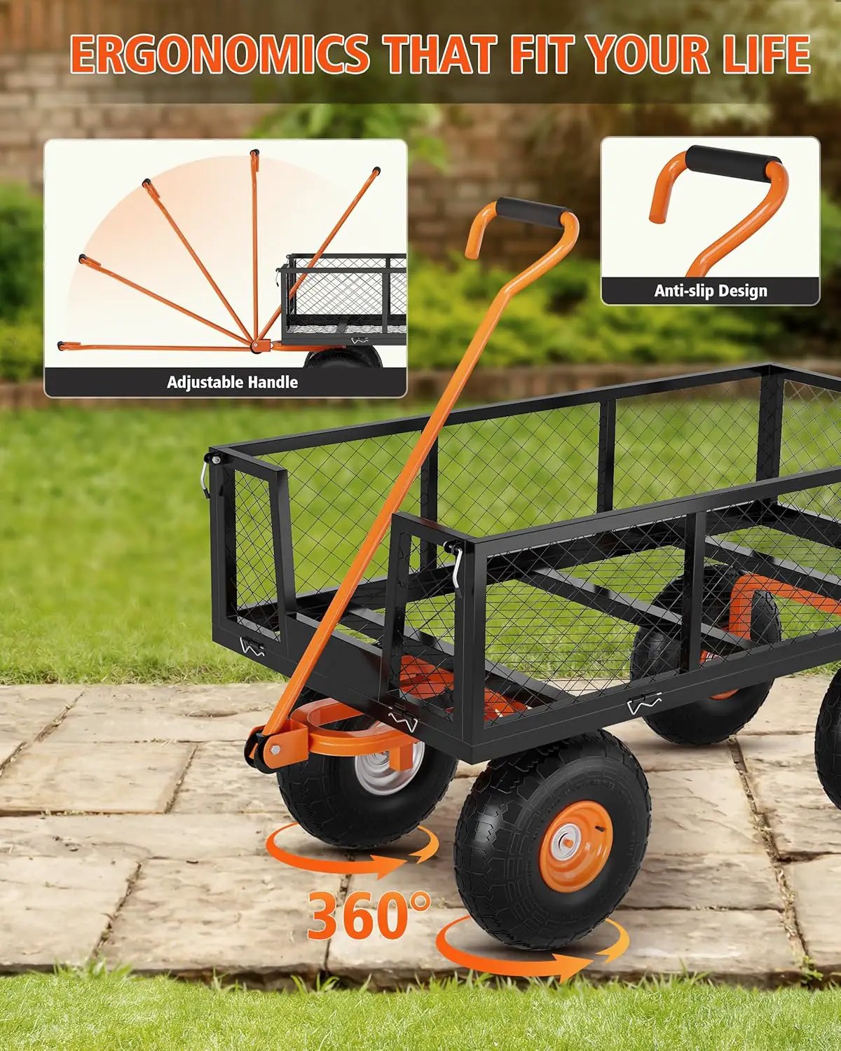 Heavy Duty Steel Garden Cart, 900 LBS Capacity 3 in 1 Pullable Garden Wagon with 10" Wheels, for Gardening Soil, Tools, and Plant Transport by GreenHaven Gardens