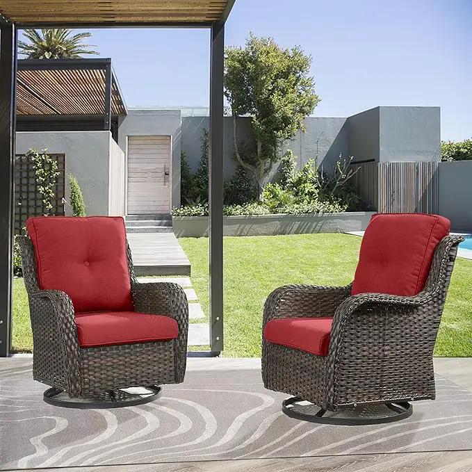 Outdoor Swivel Rocker Patio Chairs - 360 Degree Swivel Glider Seating Wicker Rocking Chairs Set of 2 with High Back Deep Seat for Porch Balcony Deck, Brown/Red by GreenHaven Gardens