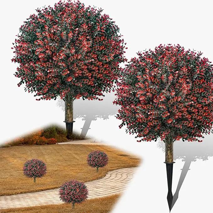 Fall Artificial Boxwood Topiary Ball Tree Bushes with Ground Spike, Set of 2 Outdoor Faux Shrub Topiary Ball, 24" UV Resistant Fake Boxwood Plants for Potted Planter,Indoor,Autumn by GreenHaven Gardens