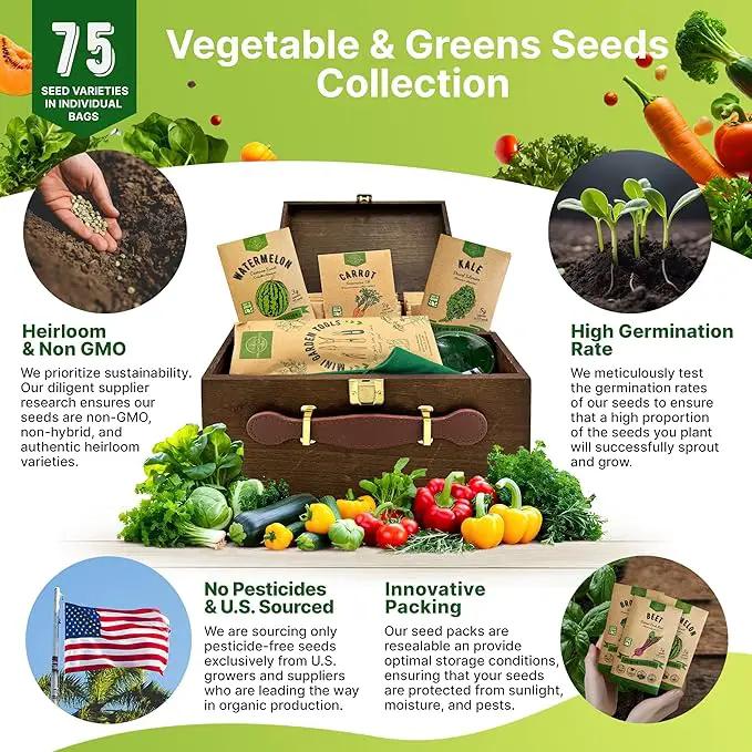 75 Vegetable & Greens Seeds Variety Pack, Garden Seed Starter Kit - Over 44,700 Non-GMO Heirloom Seeds for Planting Vegetables and Greens, Seeds Gift Seed Box with Gardening Supplies, Survival Kit by GreenHaven Gardens