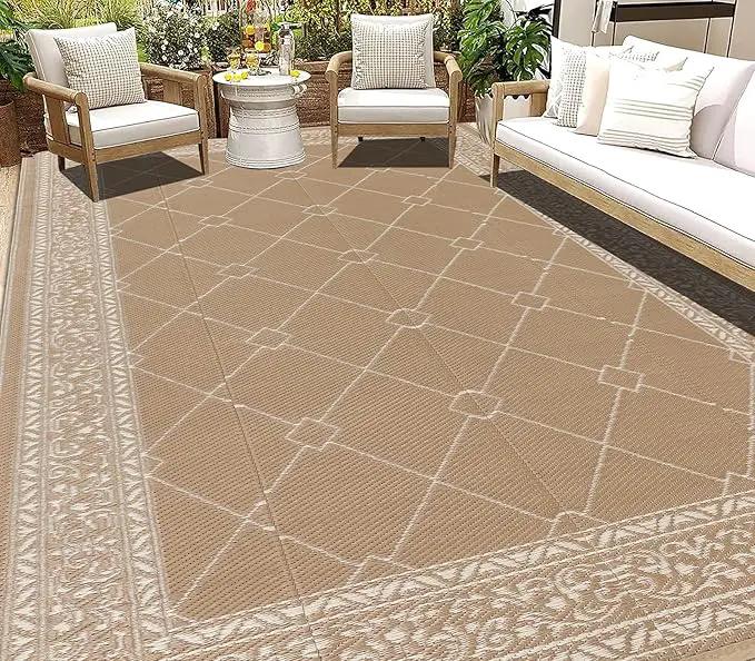 HEBE Outdoor Rug Waterproof 9x12, Reversible Plastic Straw Rug RV Camping Rug, Indoor Outdoor Patio Mat Clearance, Outside Carpet for Porch,Deck,Camper,Balcony,Backyard,Picnic by GreenHaven Gardens