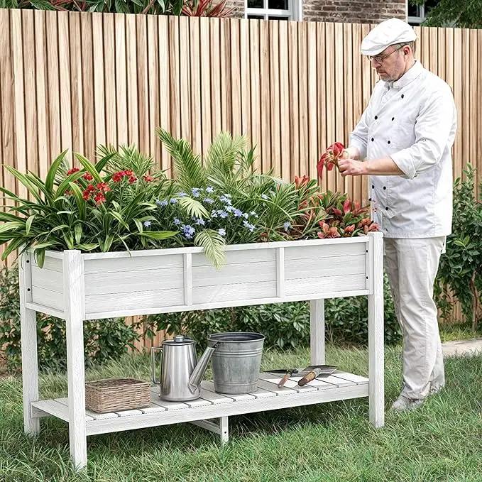 YITAHOME Raised Garden Bed, 47x18x31 Inch HIPS Poly-Wood Weather-Resistant Elevated Planter Box with Storage Shelf for Vegetable Flower, White by GreenHaven Gardens